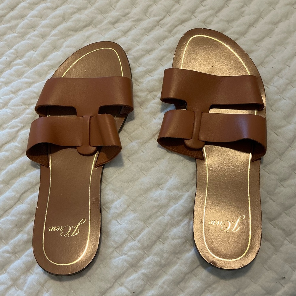 NWOT- J. Crew Tan Leather Slide Sandals